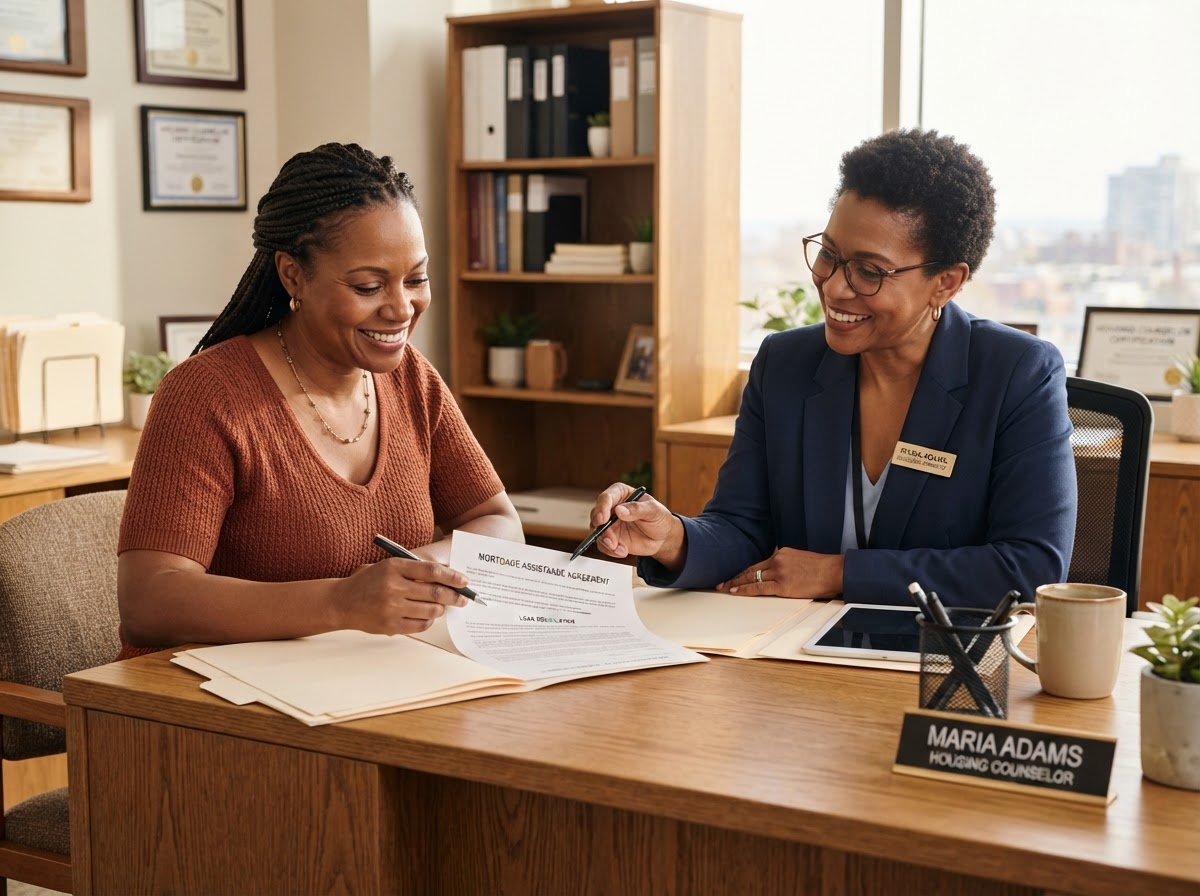 A homeowner reviewing documents with a housing counselor