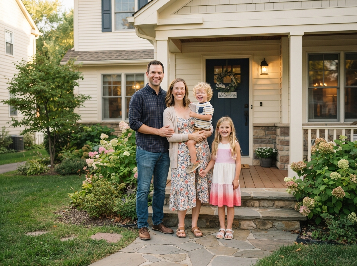 A family with two children in front of their home