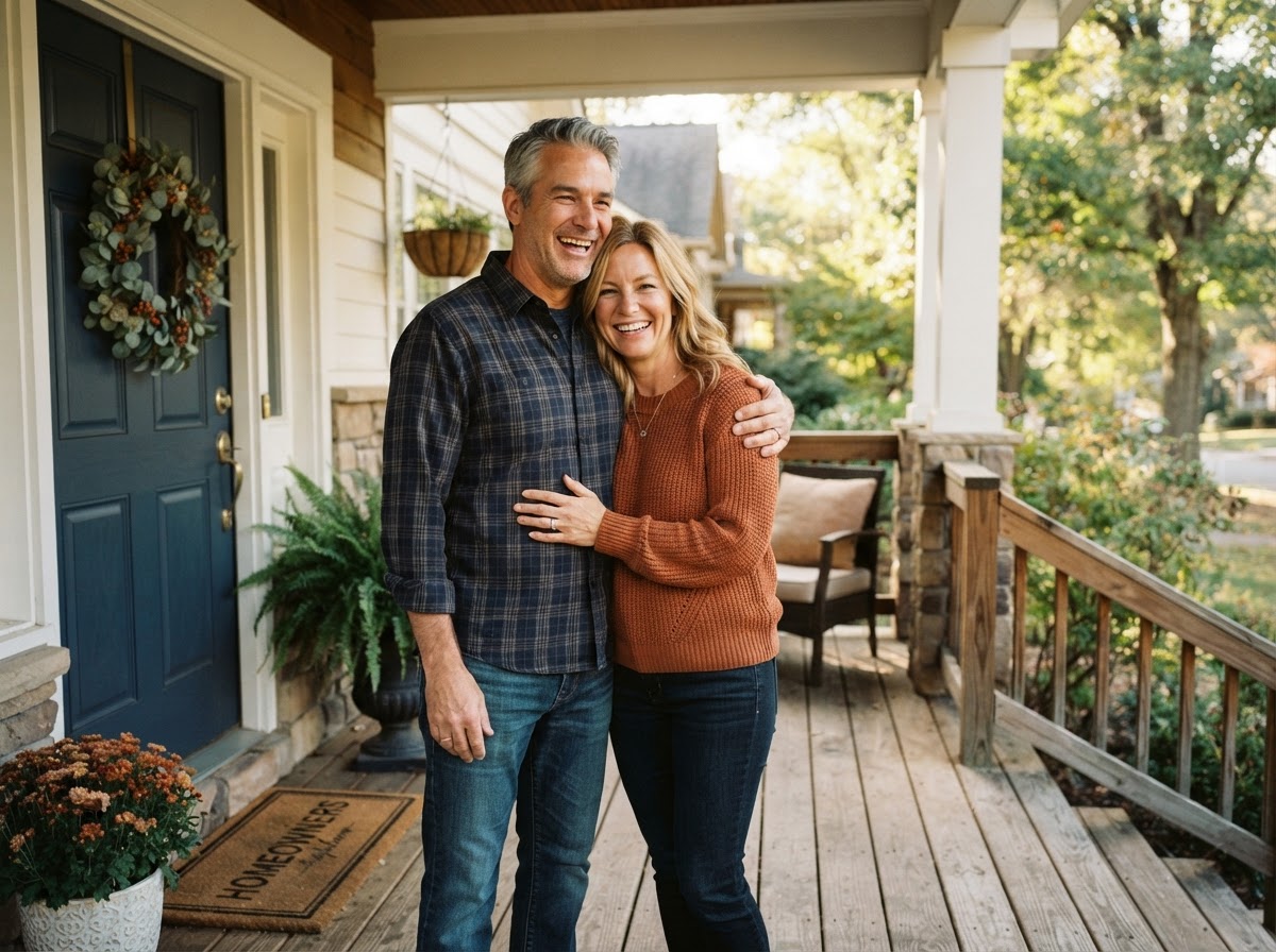 A couple smiling together on their porch